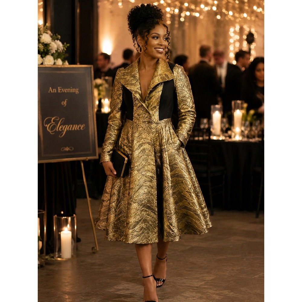 Making the Cut Gold Metallic Brocade Flare Coat Dress Evening Jacket Womens M